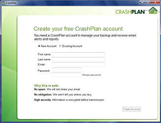 KONTO: Opprett din CrashPlan-konto ved første oppstart av programmet. KONTO: Opprett din CrashPlan-konto ved første oppstart av programmet.