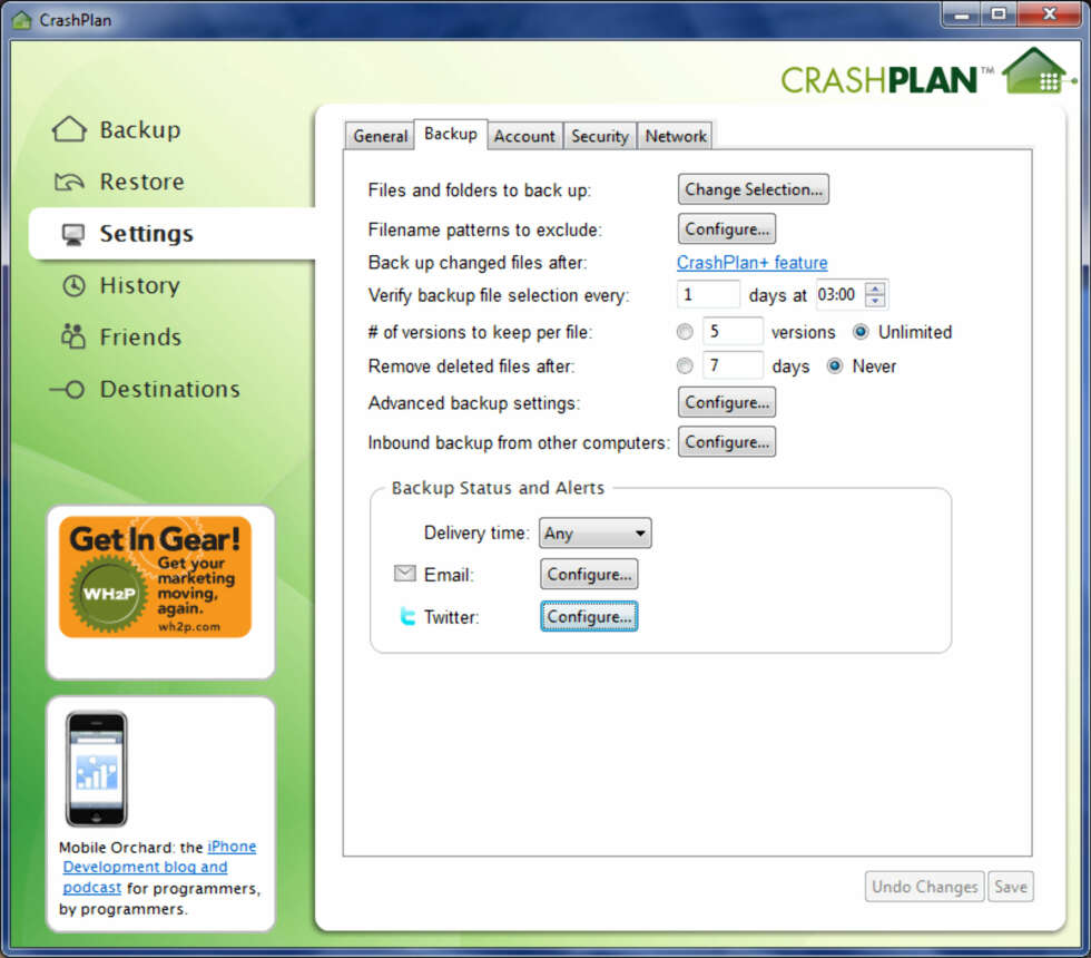 INNSTILLINGER: CrashPlan har en rekke innstillinger, blant annet for håndtering av slettede filer. INNSTILLINGER: CrashPlan har en rekke innstillinger, blant annet for håndtering av slettede filer.