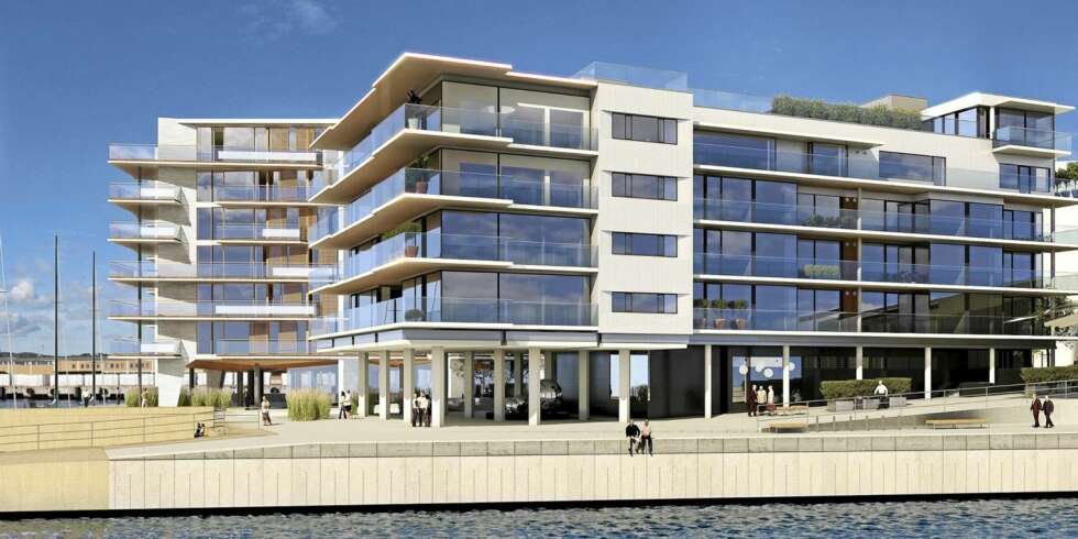 LANDETS DYRESTE: I 2. og 3. etasje i det nærmeste bygget, ligger det som er landets dyreste leiligheter. Har kan man nesten fiske fra balkongen. LANDETS DYRESTE: I 2. og 3. etasje i det nærmeste bygget, ligger det som er landets dyreste leiligheter. Har kan man nesten fiske fra balkongen.