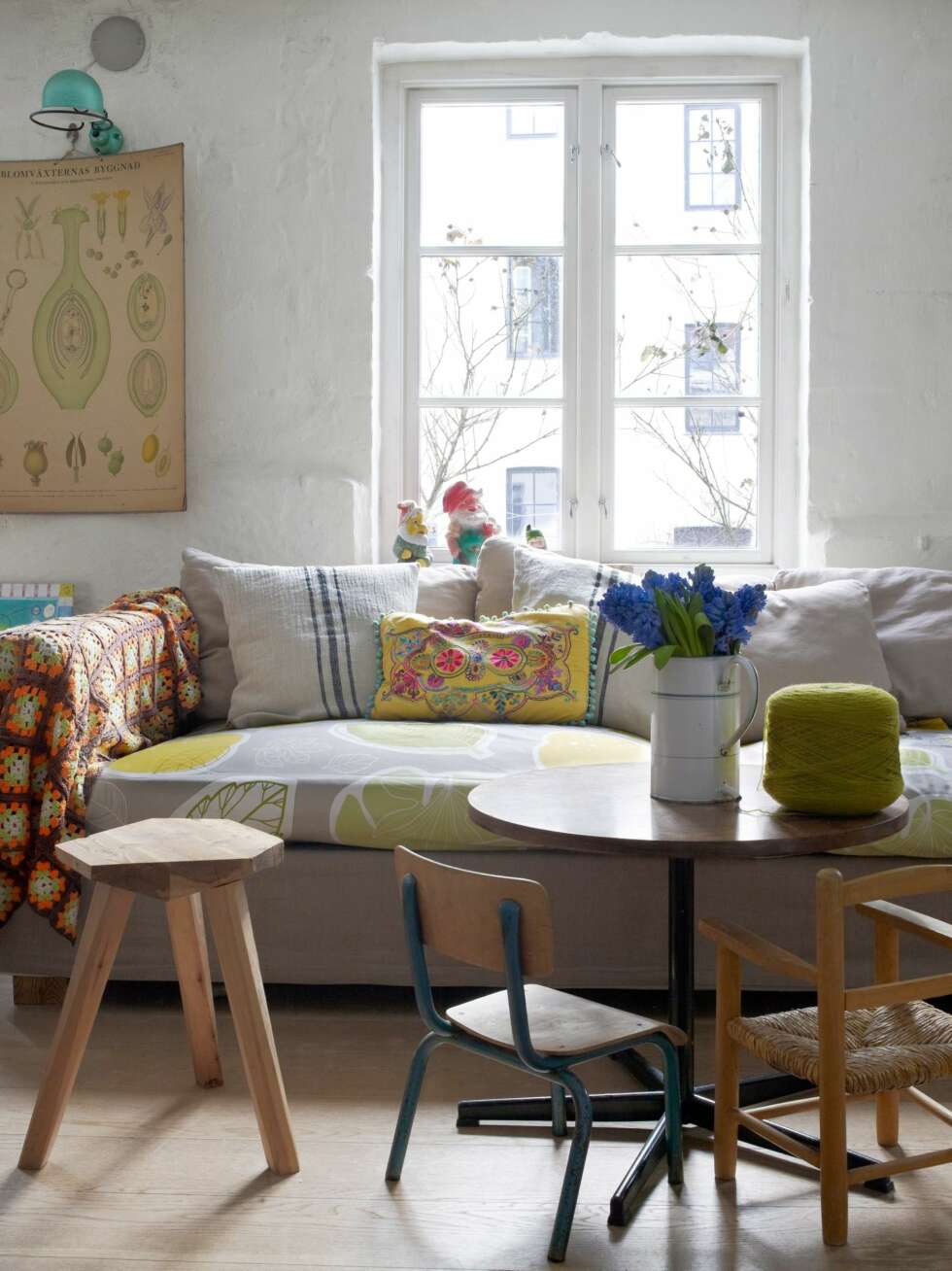 SOFAKROKEN: Sofaen fra Room er en av de få
nye tingene Nina har kjøpt, for mange år siden. Tekstilene
er fra Ikea, det heklede pleddet fra Frankrike. Den turkise
Jielde-lampen lyser opp plansjen Nina har kjøpt på Møllergata
skole, der sønnen er elev. En fransk sykehusmugge er
blitt en fin vase. Bordet er et norsk bruktfunn, de to barnestolene er kjøpt i Frankrike og krakken er laget av Ninas datter. SOFAKROKEN: Sofaen fra Room er en av de få
nye tingene Nina har kjøpt, for mange år siden. Tekstilene
er fra Ikea, det heklede pleddet fra Frankrike. Den turkise
Jielde-lampen lyser opp plansjen Nina har kjøpt på Møllergata
skole, der sønnen er elev. En fransk sykehusmugge er
blitt en fin vase. Bordet er et norsk bruktfunn, de to barnestolene er kjøpt i Frankrike og krakken er laget av Ninas datter.