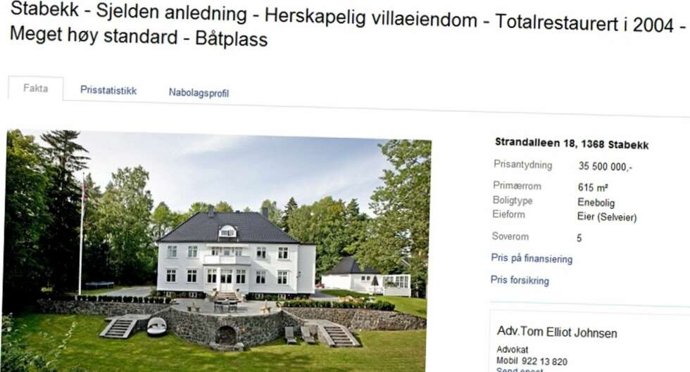 TIL SALGS: Villa på Stabekk. Prisantydning 35 500 000 kroner. Primærrom 615 kvadratmeter. Soverom 5. TIL SALGS: Villa på Stabekk. Prisantydning 35 500 000 kroner. Primærrom 615 kvadratmeter. Soverom 5.