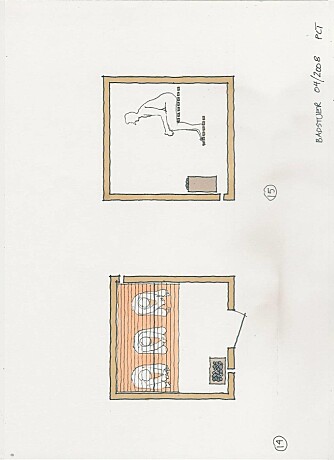 TYPISK PLAN: Her vises en typisk, liten familebadstue med innvendige mål 180 x 180 cm. Én sitteplass tilsvarer 60 cm. Tilluftsventilen plasseres rett under ovnen, mens luften trekkes ut øverst i det andre hjørnet. Avstand fra forkant nedre benk til ovn bør være minst 50 cm ¿ avhengig av ovnens konstruksjon. TYPISK PLAN: Her vises en typisk, liten familebadstue med innvendige mål 180 x 180 cm. Én sitteplass tilsvarer 60 cm. Tilluftsventilen plasseres rett under ovnen, mens luften trekkes ut øverst i det andre hjørnet. Avstand fra forkant nedre benk til ovn bør være minst 50 cm ¿ avhengig av ovnens konstruksjon.