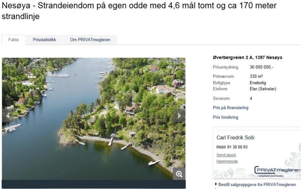 EGEN ODDE: Ved innseilingen til Halsbukta på Nesøya ligger denne eiendommen. Med stor solrik tomt på 4,6 mål, pluss en strandlinje på 174 meter, blir prisantydningen 37 millioner kroner. EGEN ODDE: Ved innseilingen til Halsbukta på Nesøya ligger denne eiendommen. Med stor solrik tomt på 4,6 mål, pluss en strandlinje på 174 meter, blir prisantydningen 37 millioner kroner.