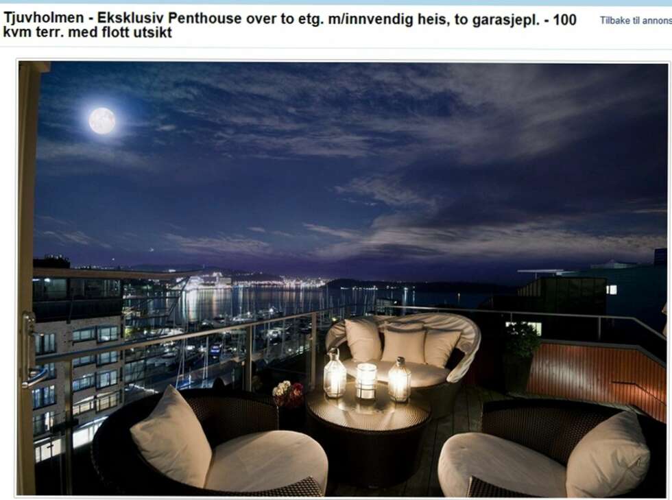 BOLETTE BRYGGE: Unik penthouse på 300 kvm over to plan i toppetasjene på Tjuvholmen med innvendig heis. Leiligheten har terrassearealer på 100 kvadratmeter og prisantydningen er på 37 millioner kroner. BOLETTE BRYGGE: Unik penthouse på 300 kvm over to plan i toppetasjene på Tjuvholmen med innvendig heis. Leiligheten har terrassearealer på 100 kvadratmeter og prisantydningen er på 37 millioner kroner.