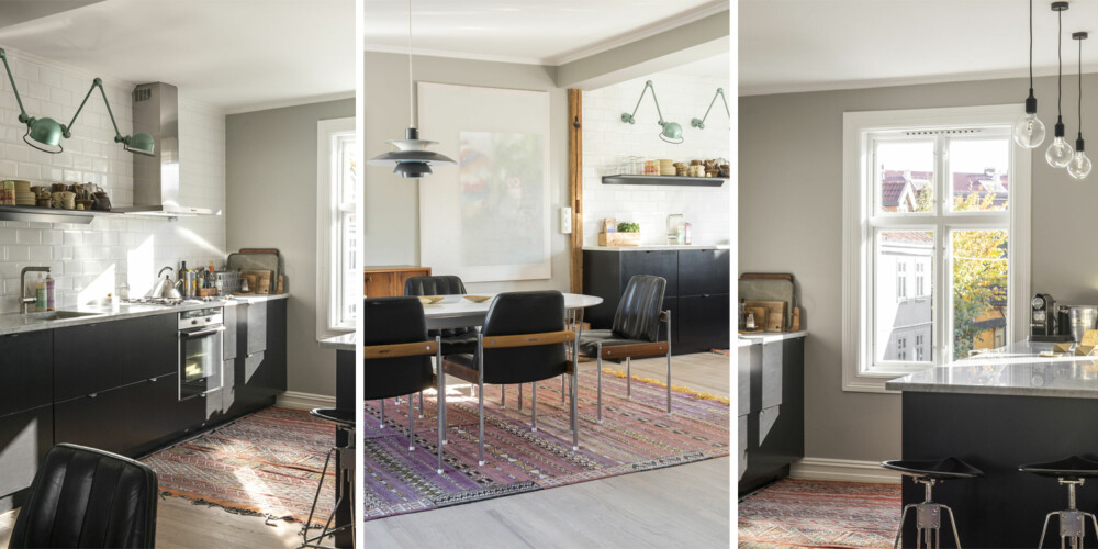 LUFTIG LØSNING: Kjøkkeninnredningen består av skrog fra Ikea og fronter fra Superfront. Benkeplaten er i marmor, flisene heter Biselado og er fra Ceratec. Jielde-lampene er kjøpt brukt hos Fransk Bazar, og teppet er fra Marrakech. Veggen er malt i Antikkgrå fra Jotun. LUFTIG LØSNING: Kjøkkeninnredningen består av skrog fra Ikea og fronter fra Superfront. Benkeplaten er i marmor, flisene heter Biselado og er fra Ceratec. Jielde-lampene er kjøpt brukt hos Fransk Bazar, og teppet er fra Marrakech. Veggen er malt i Antikkgrå fra Jotun.