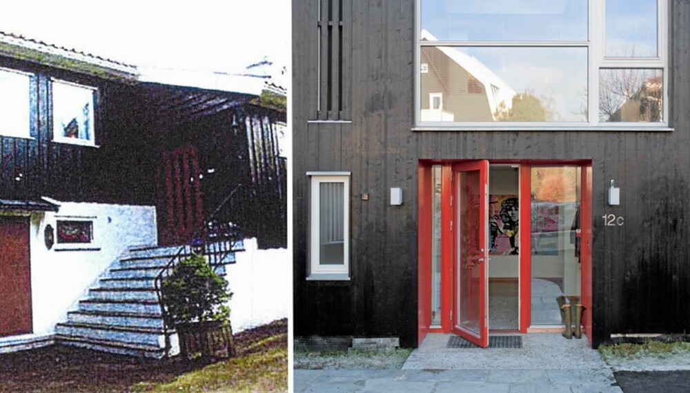 FØR OG ETTER: 60-talls huset hadde en kronglete utvendig trapp og et trangt vindfang. Sivilarkitekt Kristian Vårvik tegnet et nytt inngangsparti slik at det ble trukket fremover og trappen forsvant. Det ombygde inngangspartiet fikk solid høyde og store glassflater. Før- og etterbildet er tatt fra litt ulike vinkler. FØR OG ETTER: 60-talls huset hadde en kronglete utvendig trapp og et trangt vindfang. Sivilarkitekt Kristian Vårvik tegnet et nytt inngangsparti slik at det ble trukket fremover og trappen forsvant. Det ombygde inngangspartiet fikk solid høyde og store glassflater. Før- og etterbildet er tatt fra litt ulike vinkler.