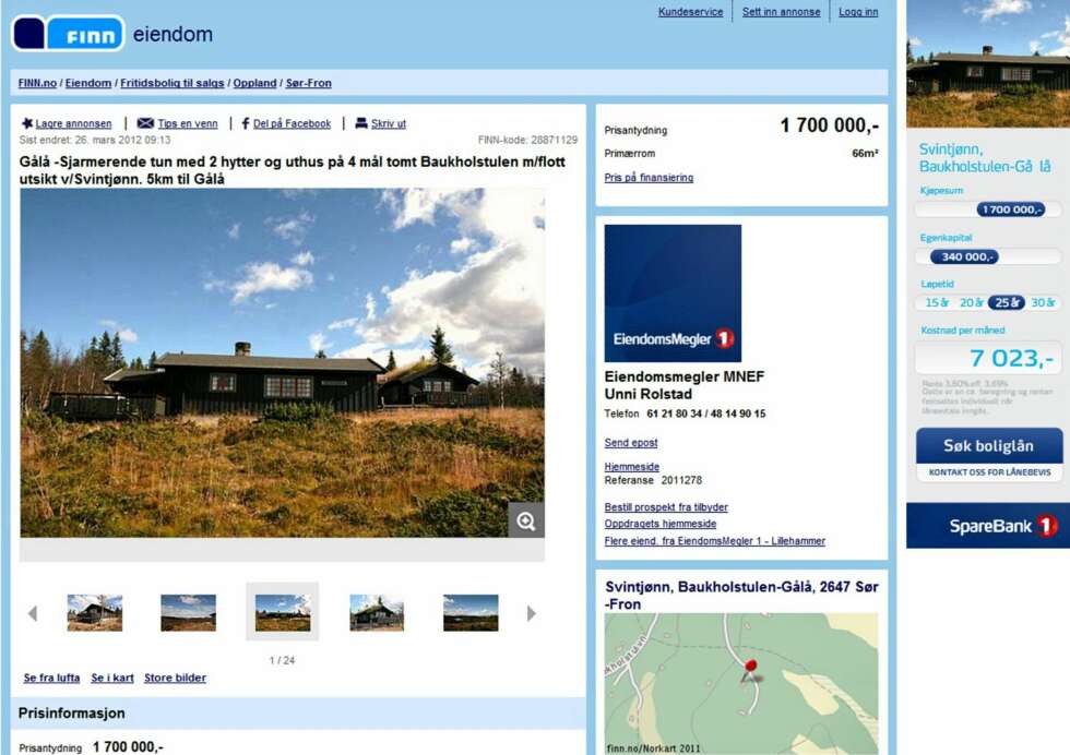 TIL SALGS: Hytte på Baukholstulen, Gålå i Sør-Fron. 5 rom. Primærrom 66 kvm. Byggeår 1968. Prisantydning 1.700.000 kroner. TIL SALGS: Hytte på Baukholstulen, Gålå i Sør-Fron. 5 rom. Primærrom 66 kvm. Byggeår 1968. Prisantydning 1.700.000 kroner.