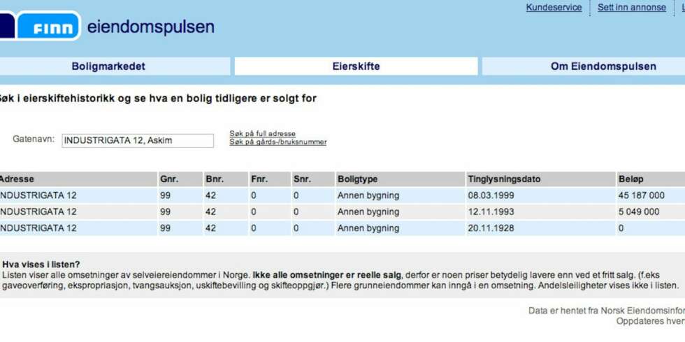 EIERSKIFTE: Her kan du søke på tidligere salgspriser for de fleste boliger. EIERSKIFTE: Her kan du søke på tidligere salgspriser for de fleste boliger.