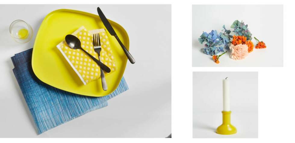 ORANSJE, BLÅTT OG GULT: Blå duk, kr 1099, Bolina, gult brett som kan brukes som tallerken, kr 389, Traktøren, svart bestikk, kr 129 pr. del,
Bolina, og glass, kr 620 for 4 stk. Traktøren. Lysestake, kr 189, Ting. ORANSJE, BLÅTT OG GULT: Blå duk, kr 1099, Bolina, gult brett som kan brukes som tallerken, kr 389, Traktøren, svart bestikk, kr 129 pr. del,
Bolina, og glass, kr 620 for 4 stk. Traktøren. Lysestake, kr 189, Ting.