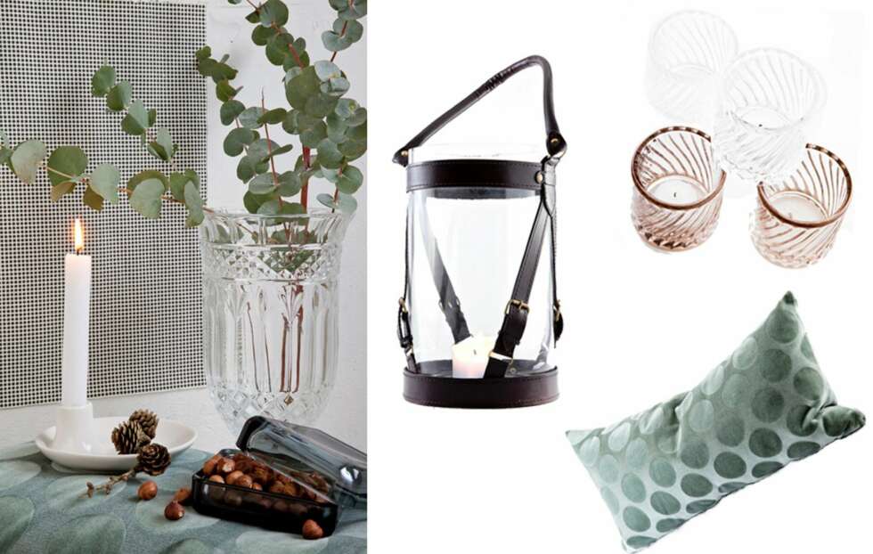 KLASSISK. Lysestake, kr 110, Raun Conceptstore. Glassboks fra Iittalla, kr 499, Illums Bolighus. Glassvase, kr 399, Lene Bjerre. Lykt med skinndetaljer, kr 1399, og fløyelspute, begge fra Raun Conseptstore. Telysholdere i glass, kr 98, Zanz. KLASSISK. Lysestake, kr 110, Raun Conceptstore. Glassboks fra Iittalla, kr 499, Illums Bolighus. Glassvase, kr 399, Lene Bjerre. Lykt med skinndetaljer, kr 1399, og fløyelspute, begge fra Raun Conseptstore. Telysholdere i glass, kr 98, Zanz.