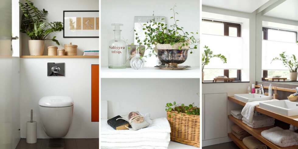 IKKE SÅ MYE SOM SKAL TIL: Badet som er innredet i hvitt, svart og tre får liv fra grønne friske planter. Tips: Setter du planten så den synes i et speilet virker det ekstra grønt! IKKE SÅ MYE SOM SKAL TIL: Badet som er innredet i hvitt, svart og tre får liv fra grønne friske planter. Tips: Setter du planten så den synes i et speilet virker det ekstra grønt!