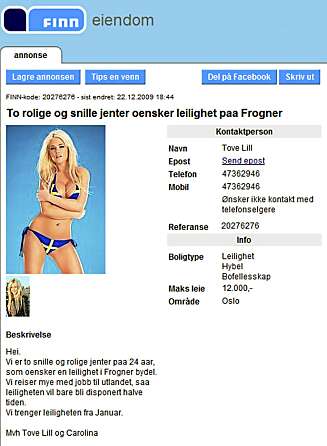FINN.NO: Tove Lill Løite poserer lettkledd i en annonse hvor hun søker leilighet sammen med en venninne. FINN.NO: Tove Lill Løite poserer lettkledd i en annonse hvor hun søker leilighet sammen med en venninne.