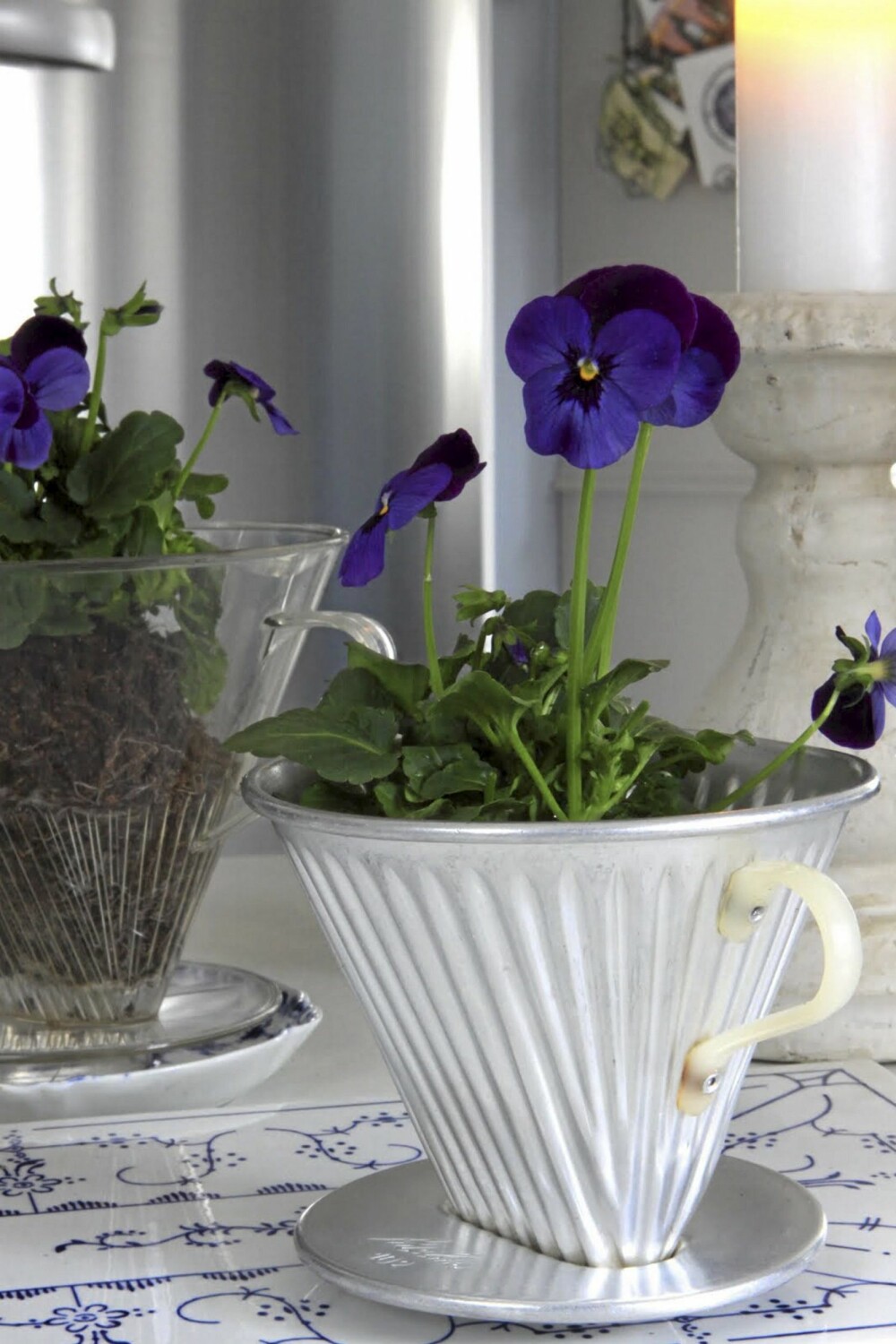 VAKKER VASE: Mangler du potter for blomstene dine kan en nostalgisk filterholder gjøre jobben. VAKKER VASE: Mangler du potter for blomstene dine kan en nostalgisk filterholder gjøre jobben.