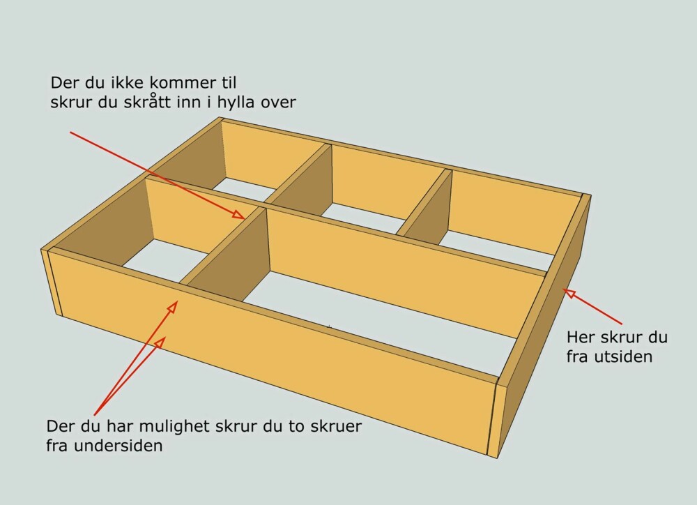 Skru sammen: Bruk lange skruer kombinert med lim. Husk å forbore. Skru sammen: Bruk lange skruer kombinert med lim. Husk å forbore.