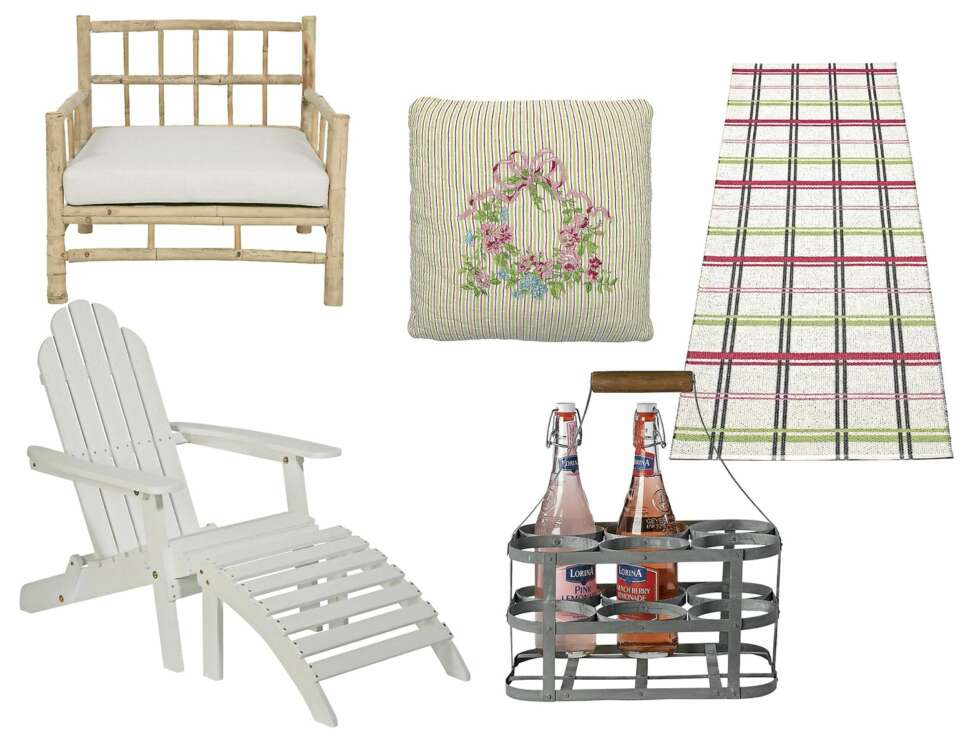 Bambusstol med pute, 76 x 76 cm, høyde 70 cm, ca. kr 2600, Tine-K Home. Putetrekk med blomsterkrans, 40 x 40 cm, kr 262, Green Gate. Plastteppet Alice fra Pappelina, 70 x 200 cm, kr 1089, Palma. Hagestol, 79 x 90 cm, høyde 94 cm, skammel, 50 x 53 cm, høyde 34 cm, ca. kr 1800, Bloomingville. Kurv med plass til seks flasker, 38 x 33 x 22 cm,
kr 345, House Doctor. Bambusstol med pute, 76 x 76 cm, høyde 70 cm, ca. kr 2600, Tine-K Home. Putetrekk med blomsterkrans, 40 x 40 cm, kr 262, Green Gate. Plastteppet Alice fra Pappelina, 70 x 200 cm, kr 1089, Palma. Hagestol, 79 x 90 cm, høyde 94 cm, skammel, 50 x 53 cm, høyde 34 cm, ca. kr 1800, Bloomingville. Kurv med plass til seks flasker, 38 x 33 x 22 cm,
kr 345, House Doctor.