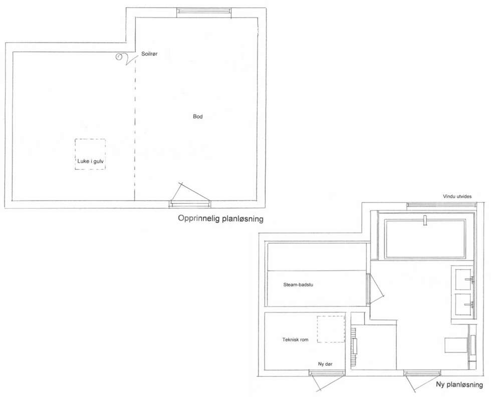 OPPRINNELIG PLAN: Rommet var en stor lagerbod med et lite vindu, soilrør og en inspeksjonsluke synlig i rommet. NY PLAN: Det ble hovedbad med dusjnisje, eget steamdel som skjuler inspeksjonsluken samt teknisk utstyr. OPPRINNELIG PLAN: Rommet var en stor lagerbod med et lite vindu, soilrør og en inspeksjonsluke synlig i rommet. NY PLAN: Det ble hovedbad med dusjnisje, eget steamdel som skjuler inspeksjonsluken samt teknisk utstyr.