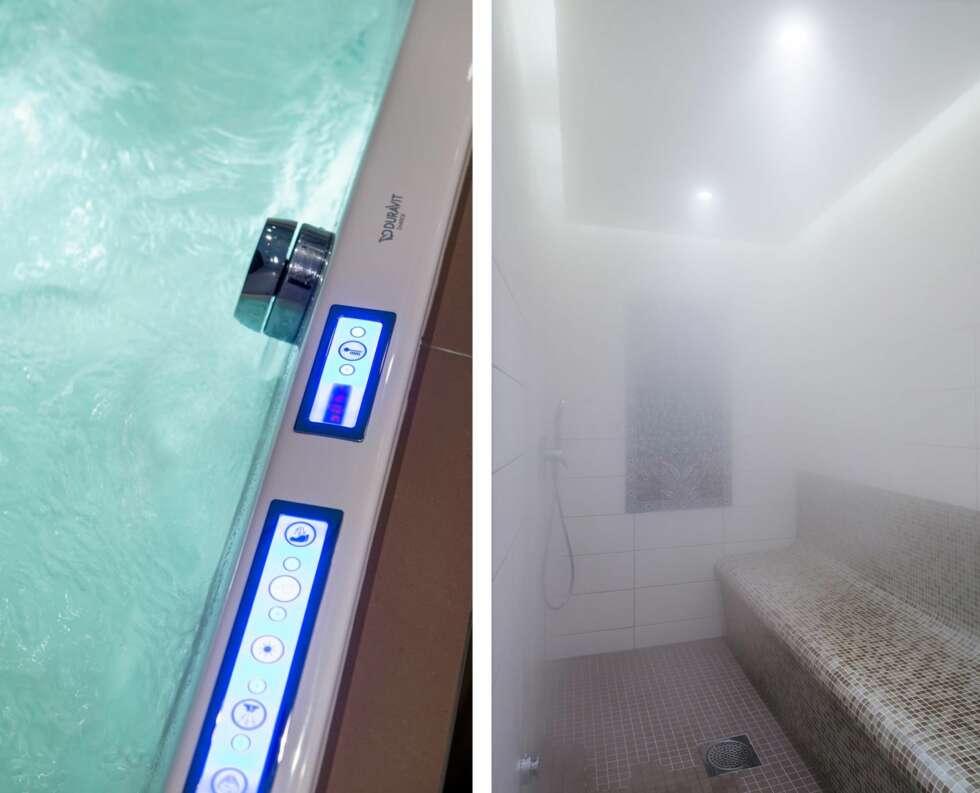 BOBLEVANN: Barna ønsket seg boblebad og et innfelt Starck-badekar fra Duravit kom på plass i enden av badet. Her kan det meste reguleres etter ønske: Temperatur, boblestyrke og belysning. Sistnevnte skaper lun stemning. Karet er kledd med flisene Cæsar Technolito fra Fagflis.
STEAMTÅKE: Det er hamanstemning når dampen senker seg. Ledlys innfelt i svevetaket samt rundt. Motivflisene er fra Istanbul. Benken og gulvet er kledd med mosaikkfliser, mens de matte veggflisene er AP Home White R 615, Bergersen Flis. BOBLEVANN: Barna ønsket seg boblebad og et innfelt Starck-badekar fra Duravit kom på plass i enden av badet. Her kan det meste reguleres etter ønske: Temperatur, boblestyrke og belysning. Sistnevnte skaper lun stemning. Karet er kledd med flisene Cæsar Technolito fra Fagflis.
STEAMTÅKE: Det er hamanstemning når dampen senker seg. Ledlys innfelt i svevetaket samt rundt. Motivflisene er fra Istanbul. Benken og gulvet er kledd med mosaikkfliser, mens de matte veggflisene er AP Home White R 615, Bergersen Flis.
