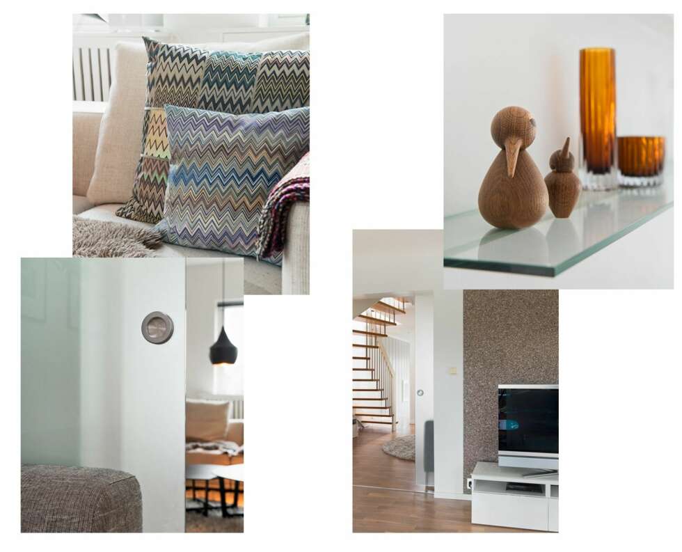 ØVERST FRA VENSTRE: MYKE TEKSTILER: Stuen fikk en stor og myk sofa fra Baseline. Skinnfellen og Missoni-putene understreker stilen. GLASS FOR DESIGN: I den nye lettveggen i stuen ble det tegnet inn en hylle. Eva liker designting og her får de stå fremme. De hyggelige trefuglene Bird er designet av danske Kristian Vedel. MOBILT SKILLE: Skyvedøren Dorma i frostet glass er fra Okside. Den har feste for u-beslag i toppkant. Styreskinnen på gulvet sitter inne i veggen, dermed slipper man listen i døråpningen. SKINNENDE TAPET: Veggen ut mot hallen fikk et glitrende steintapet, AKA 3004 fra Omexco. Det er plassert midt på veggen. ØVERST FRA VENSTRE: MYKE TEKSTILER: Stuen fikk en stor og myk sofa fra Baseline. Skinnfellen og Missoni-putene understreker stilen. GLASS FOR DESIGN: I den nye lettveggen i stuen ble det tegnet inn en hylle. Eva liker designting og her får de stå fremme. De hyggelige trefuglene Bird er designet av danske Kristian Vedel. MOBILT SKILLE: Skyvedøren Dorma i frostet glass er fra Okside. Den har feste for u-beslag i toppkant. Styreskinnen på gulvet sitter inne i veggen, dermed slipper man listen i døråpningen. SKINNENDE TAPET: Veggen ut mot hallen fikk et glitrende steintapet, AKA 3004 fra Omexco. Det er plassert midt på veggen.