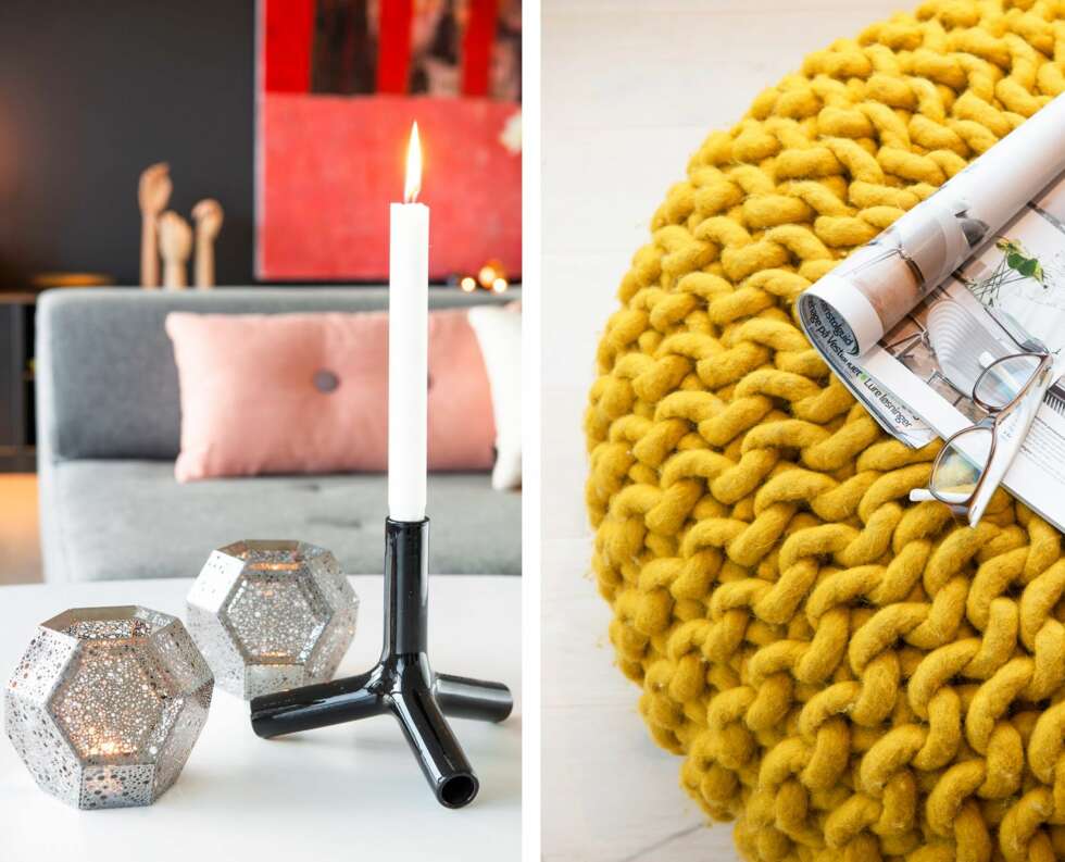 DETALJER MED PERSONLIGHET: Lysestake fra Expo Nova og telysholdere Etch fra Tom Dixon, Est Design. SPREKE ELEMENTER: Stor strikkepuff, Urchin Pouf, design: Christien
Meindertsma, fra Invit Interiør. DETALJER MED PERSONLIGHET: Lysestake fra Expo Nova og telysholdere Etch fra Tom Dixon, Est Design. SPREKE ELEMENTER: Stor strikkepuff, Urchin Pouf, design: Christien
Meindertsma, fra Invit Interiør.