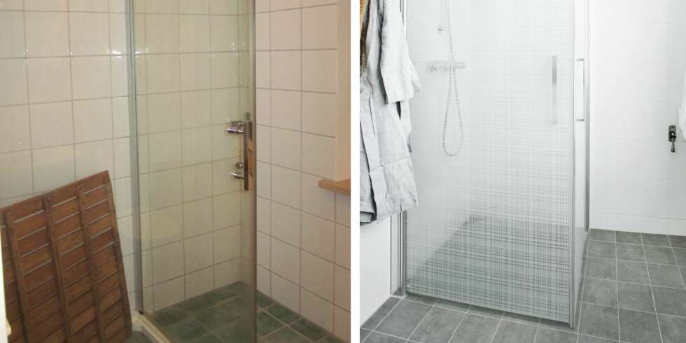 FØR OG ETTER: Paret var ikke begeistret for de grønne og hvite flisene på det gamle badet. Dusjdører som kan foldes inn eller ut ble valgt for å frigjøre mest mulig plass når dusjen ikke er i bruk. FØR OG ETTER: Paret var ikke begeistret for de grønne og hvite flisene på det gamle badet. Dusjdører som kan foldes inn eller ut ble valgt for å frigjøre mest mulig plass når dusjen ikke er i bruk.