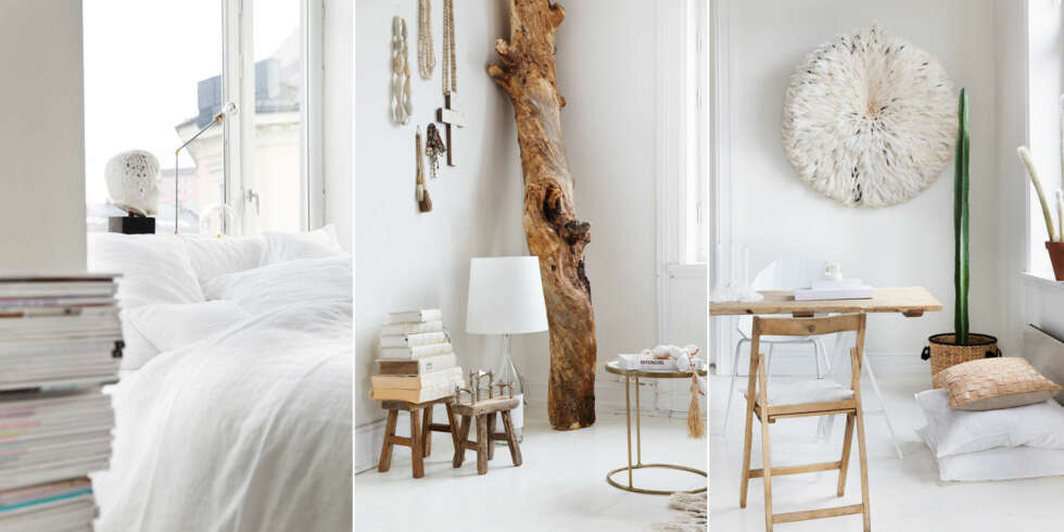 NATURLIG DESIGN: Til venstre: Sengen bader i lys fra alle kanter. Sengetøy og overkast i lin fra butikken Merci i Paris. Midten: Mot en lys base fungerer det godt å bringe inn naturmaterialer som tre, skjell og lin for å skape varme. Til venstre: Den flotte juju-hatten, laget av hønsefjær, er et av Tines nyeste innkjøp. Den lages i Kamerun og bidrar til lokale arbeidsplasser. Opprinnelig ble slike hatter brukt i begravelses-seremonier. Bordplaten er vintagetre fra Kina, bukkene er fra Ikea. Klappstolene i tre er gamle teaterstoler fra Barcelona, hvite stoler fra Ligne Roset. Linputer fra Milla Boutique, skinnpute fra Senze of Joy. Krukke i tre fra Anouska. Lysestake av ren stearin fra Maison Martin Margiela. NATURLIG DESIGN: Til venstre: Sengen bader i lys fra alle kanter. Sengetøy og overkast i lin fra butikken Merci i Paris. Midten: Mot en lys base fungerer det godt å bringe inn naturmaterialer som tre, skjell og lin for å skape varme. Til venstre: Den flotte juju-hatten, laget av hønsefjær, er et av Tines nyeste innkjøp. Den lages i Kamerun og bidrar til lokale arbeidsplasser. Opprinnelig ble slike hatter brukt i begravelses-seremonier. Bordplaten er vintagetre fra Kina, bukkene er fra Ikea. Klappstolene i tre er gamle teaterstoler fra Barcelona, hvite stoler fra Ligne Roset. Linputer fra Milla Boutique, skinnpute fra Senze of Joy. Krukke i tre fra Anouska. Lysestake av ren stearin fra Maison Martin Margiela.