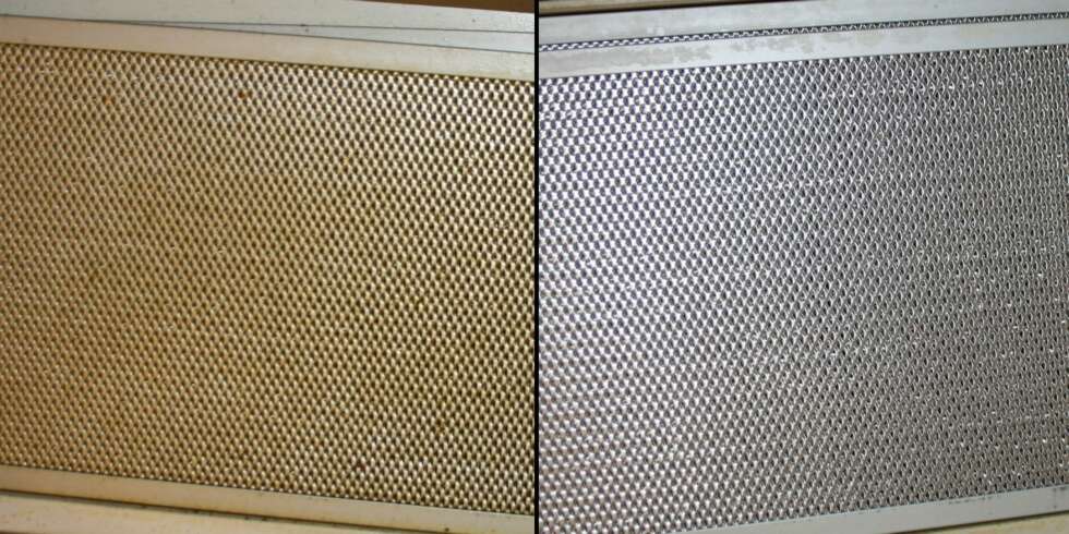 STOR FORSKJELL: En runde i oppvaskmaskinen var svært effektivt for å bli kvitt gammelt fett fra disse filtrene i en gammel kjøkkenventilator. STOR FORSKJELL: En runde i oppvaskmaskinen var svært effektivt for å bli kvitt gammelt fett fra disse filtrene i en gammel kjøkkenventilator.