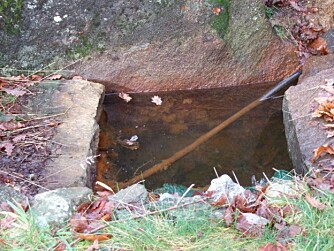 ØDELAGT AV TERRENGENDRINGER: Dette er et oppkomme som har gitt godt vann til en hytte. Dessverre er vannet nå av dårlig kvalitet fordi terrenget samt en tilførselsvei på oversiden av kilden er endret, slik at mengden av overflatevann renner ned i oppkommet. Vannkilden er fra gammelt av sikret med oppmuring rundt kilden og utstyrt med lokk. Dette hjelper dessverre lite nå som terrenget rundt er lagt høyere enn kilden. ØDELAGT AV TERRENGENDRINGER: Dette er et oppkomme som har gitt godt vann til en hytte. Dessverre er vannet nå av dårlig kvalitet fordi terrenget samt en tilførselsvei på oversiden av kilden er endret, slik at mengden av overflatevann renner ned i oppkommet. Vannkilden er fra gammelt av sikret med oppmuring rundt kilden og utstyrt med lokk. Dette hjelper dessverre lite nå som terrenget rundt er lagt høyere enn kilden.
