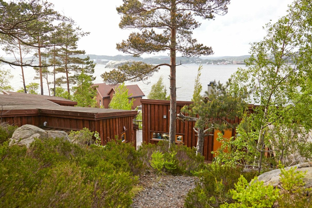 NATURTOMT: Arkitekten har formet hytta i to deler med spennende vinkler som danner et lunt tun. At takene skrår ned, gjør at man ser mer av havet fra adkomsten ovenfra. NATURTOMT: Arkitekten har formet hytta i to deler med spennende vinkler som danner et lunt tun. At takene skrår ned, gjør at man ser mer av havet fra adkomsten ovenfra.