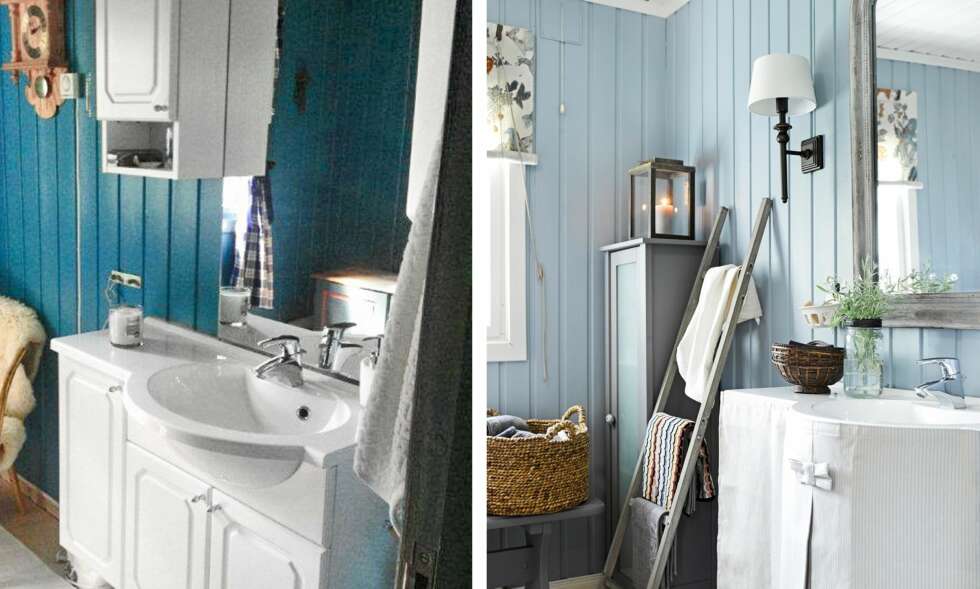 FRA MØRKT TIL LYST: Baderommet var tradisjonelt, og hytteeieren hadde lyst til å gjøre noen endringer. Badet har i dag fått en romantisk stil. Den store kurven på benken er fra Lama og tekstilene fra Green Apple. Servanten har fått nytt liv med sydd skjørt. (FOTO: Per Erik Jæger) FRA MØRKT TIL LYST: Baderommet var tradisjonelt, og hytteeieren hadde lyst til å gjøre noen endringer. Badet har i dag fått en romantisk stil. Den store kurven på benken er fra Lama og tekstilene fra Green Apple. Servanten har fått nytt liv med sydd skjørt. (FOTO: Per Erik Jæger)
