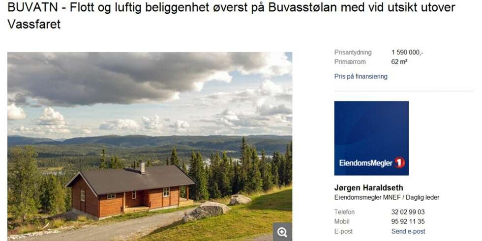TIL SALGS: Hytte på Buvatn med tre soverom. Primærrom 62 kvm. Byggeår 2012. Prisantydning 1 590 000 kroner. TIL SALGS: Hytte på Buvatn med tre soverom. Primærrom 62 kvm. Byggeår 2012. Prisantydning 1 590 000 kroner.
