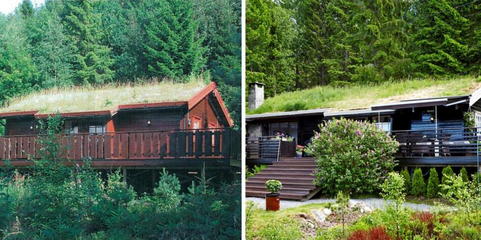 Store endringer: Da Wenche og Leif Sether kjøpte hytta på Fagerholt ved Halden i 2002 var eiendommen tett bevokst. Her fra det gamle prospektet (t.v). Etter utbyggingen og trefellingen fremstår eiendommen som åpen og luftig. Store endringer: Da Wenche og Leif Sether kjøpte hytta på Fagerholt ved Halden i 2002 var eiendommen tett bevokst. Her fra det gamle prospektet (t.v). Etter utbyggingen og trefellingen fremstår eiendommen som åpen og luftig.