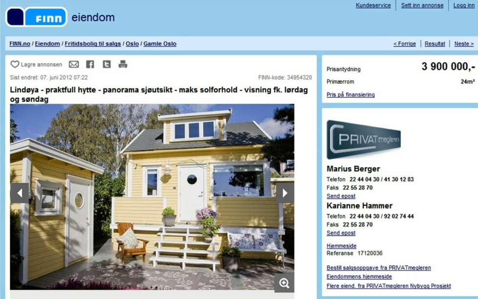 LINDØYA: Prisantydning 3.900 000 kroner. Primærrom 24 kvadratmeter med ett soverom. Byggeår 1930. LINDØYA: Prisantydning 3.900 000 kroner. Primærrom 24 kvadratmeter med ett soverom. Byggeår 1930.