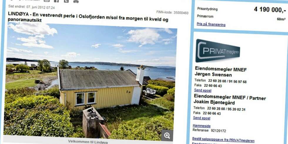 LINDØYA: Prisantydning 4.190 000 kroner. Primærrom 60 kvadratmeter med to soverom. Byggeår 1965. LINDØYA: Prisantydning 4.190 000 kroner. Primærrom 60 kvadratmeter med to soverom. Byggeår 1965.