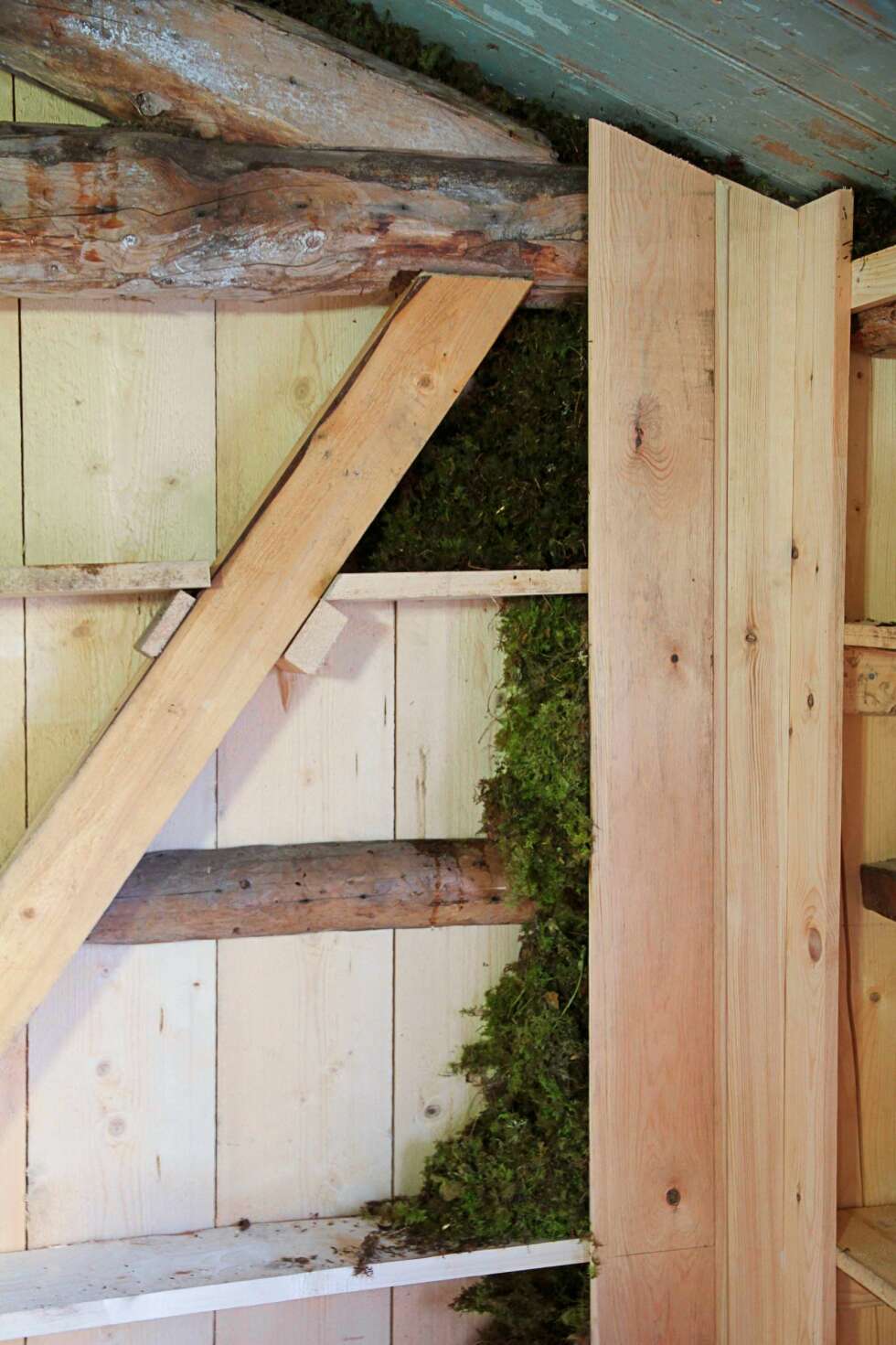 I FORM: Deler av stølen til Else Rønnevig i Valdres var av reisverk. Lommene mellom innervegg og ytterpanel ble også isolert med mose. Det ble bygget hyller på 60 cm for å gi feste til mosen så den ikke siger. Men når den er tørket, holder den seg også i form. I FORM: Deler av stølen til Else Rønnevig i Valdres var av reisverk. Lommene mellom innervegg og ytterpanel ble også isolert med mose. Det ble bygget hyller på 60 cm for å gi feste til mosen så den ikke siger. Men når den er tørket, holder den seg også i form.