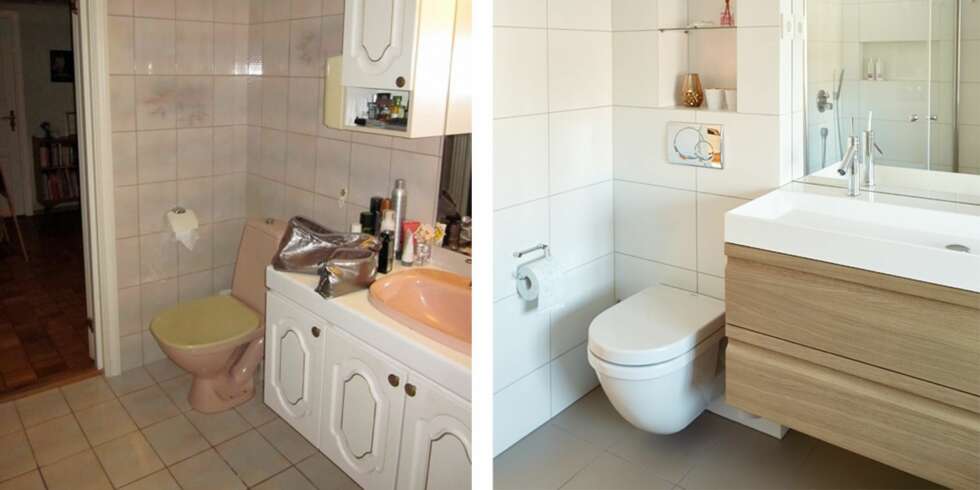 FØR OG ETTER: Plasseringen av toalett og innredning er som før, ellers er alt byttet ut. Nisjehyllene flukter med de horisontale fugene, og klosettet fra Duravit er plassert midt på den vertikale fugen. Det gir et ryddig uttrykk. FØR OG ETTER: Plasseringen av toalett og innredning er som før, ellers er alt byttet ut. Nisjehyllene flukter med de horisontale fugene, og klosettet fra Duravit er plassert midt på den vertikale fugen. Det gir et ryddig uttrykk.
