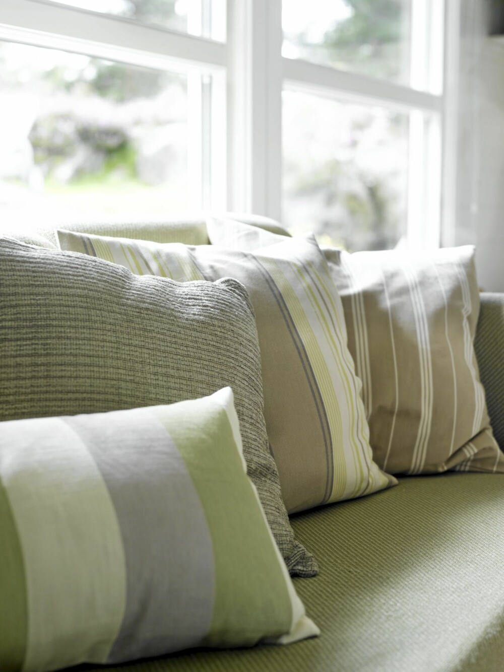 FRISKE PUTER: Sofaen har fått et friskt uttrykk med frodige pynteputer. De to bakerste har Reidun sydd med tekstiler fra Green Apple, mens de fremste er fra Kid interiør. FRISKE PUTER: Sofaen har fått et friskt uttrykk med frodige pynteputer. De to bakerste har Reidun sydd med tekstiler fra Green Apple, mens de fremste er fra Kid interiør.