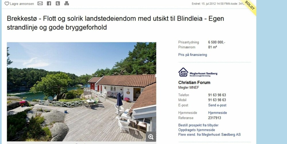 NUMMER ÅTTE: Denne fritidsboligen ligger pent til ved sjøen i Brekkestø utenfor Lillesand. Her får man en fin hytte med utsikt til Blindleia for 6,5 millioner kroner. NUMMER ÅTTE: Denne fritidsboligen ligger pent til ved sjøen i Brekkestø utenfor Lillesand. Her får man en fin hytte med utsikt til Blindleia for 6,5 millioner kroner.