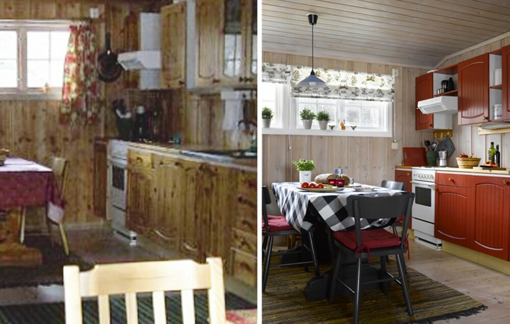 SOM NYTT: Furukjøkkenet fra Ikea er fra 1980-tallet. Det er nå sprøytelakkert i en vakker rødfarge. Kjøkkenbordet med stoler er fra hyttas opprinnelse og var tidligere lakkert. Understellet på kjøkkenbordet, kjøkkenstoler og begge salongbordene ble malt mørkegrå. SOM NYTT: Furukjøkkenet fra Ikea er fra 1980-tallet. Det er nå sprøytelakkert i en vakker rødfarge. Kjøkkenbordet med stoler er fra hyttas opprinnelse og var tidligere lakkert. Understellet på kjøkkenbordet, kjøkkenstoler og begge salongbordene ble malt mørkegrå.