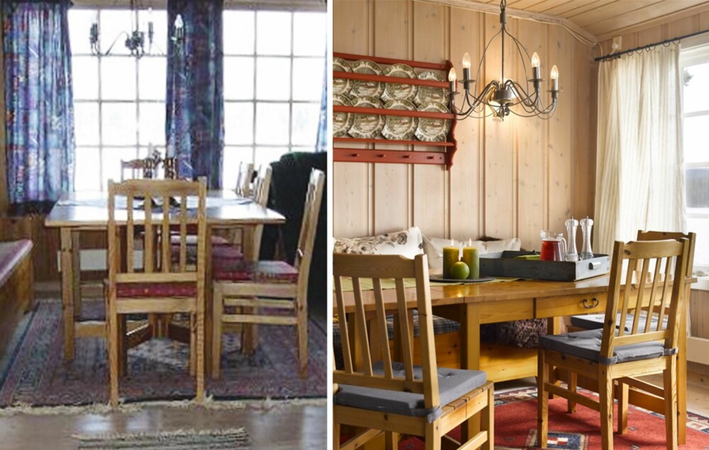 GOD PLASS: Den romslige spiseplassen består av en sittebenk og stoler. Ikea-møblene er fra 1980-tallet. Nye puter på stolene og skinn frisker opp. GOD PLASS: Den romslige spiseplassen består av en sittebenk og stoler. Ikea-møblene er fra 1980-tallet. Nye puter på stolene og skinn frisker opp.