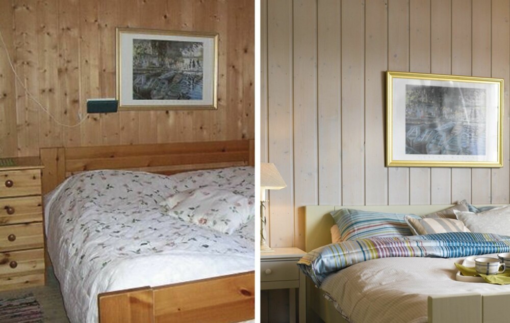TON I TON: På soverommet ble to store og upraktiske kommoder byttet ut med to nette nattbord. Seng, nattbord og skap ble fargesatt med delikate, duse grønntoner fordi hytteeieren var opptatt av å ha rolige farger på soverommet. TON I TON: På soverommet ble to store og upraktiske kommoder byttet ut med to nette nattbord. Seng, nattbord og skap ble fargesatt med delikate, duse grønntoner fordi hytteeieren var opptatt av å ha rolige farger på soverommet.