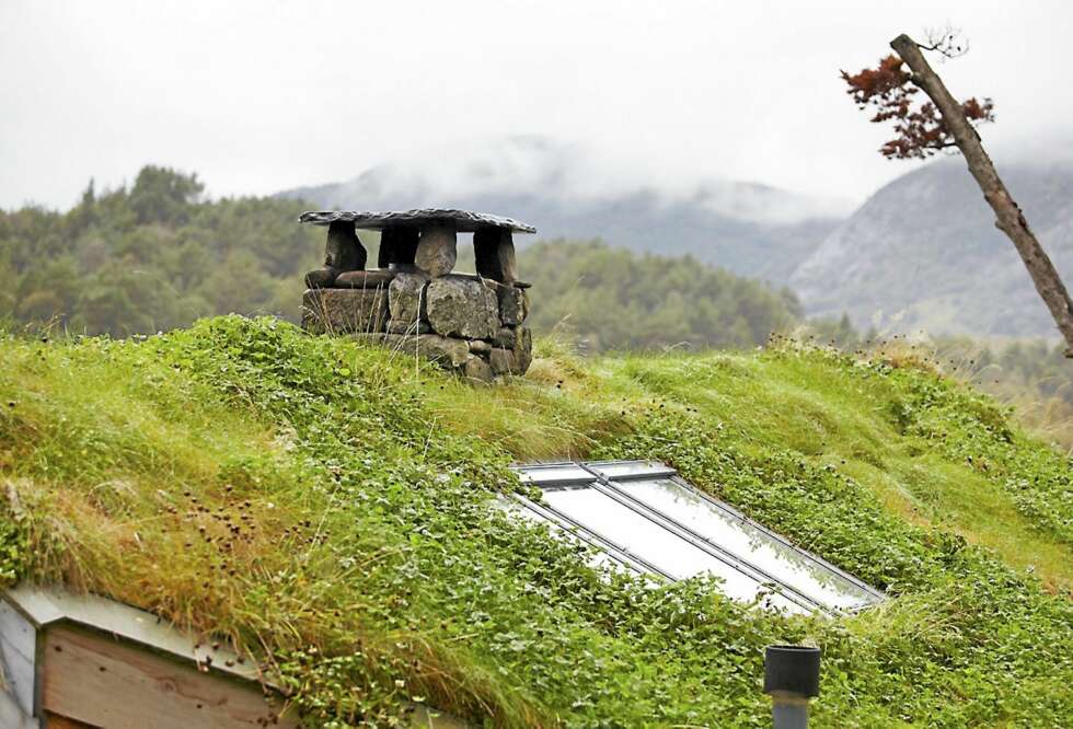 NATURLIG TAK: Torvaket har en tilsvarende sammensetning som naturen rundt. Det er også takvinduer på hver side som skal gi godt med dagslys inn i hytta. NATURLIG TAK: Torvaket har en tilsvarende sammensetning som naturen rundt. Det er også takvinduer på hver side som skal gi godt med dagslys inn i hytta.