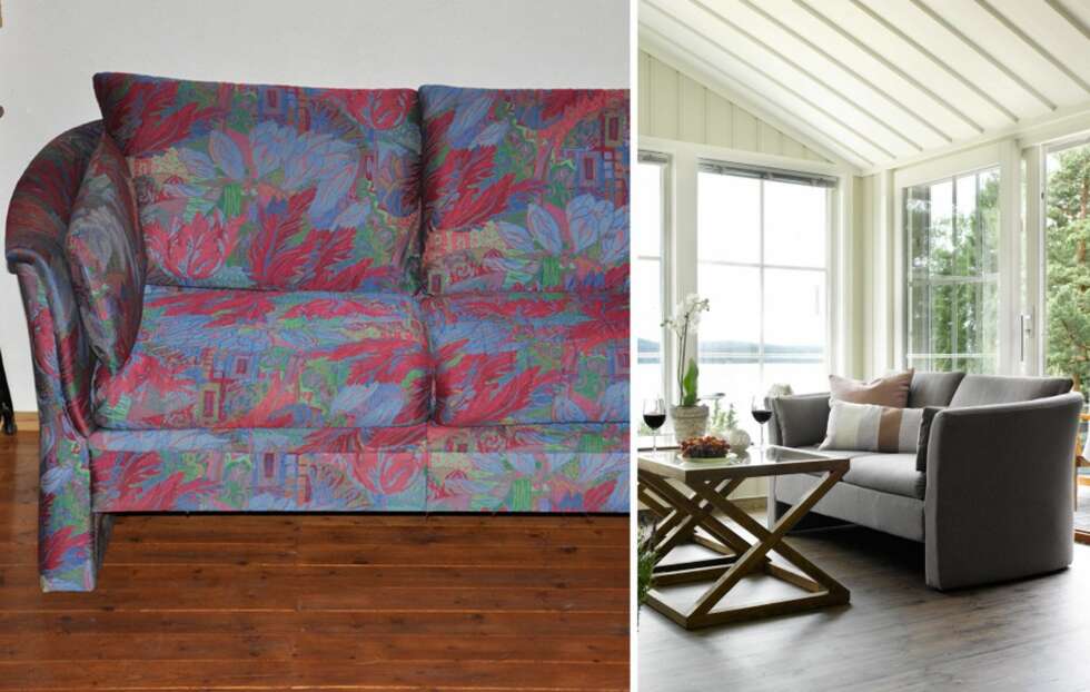GAMMEL SOFA MED NYTT TREKK: De to Hjellegjerde-sofaene fra 1988 har stått på loftet hjemme hos hytteeierne. De hadde ikke hjerte til å kaste dem, og valgte derfor å trekke dem om. Berit fant selv stoffet. GAMMEL SOFA MED NYTT TREKK: De to Hjellegjerde-sofaene fra 1988 har stått på loftet hjemme hos hytteeierne. De hadde ikke hjerte til å kaste dem, og valgte derfor å trekke dem om. Berit fant selv stoffet.