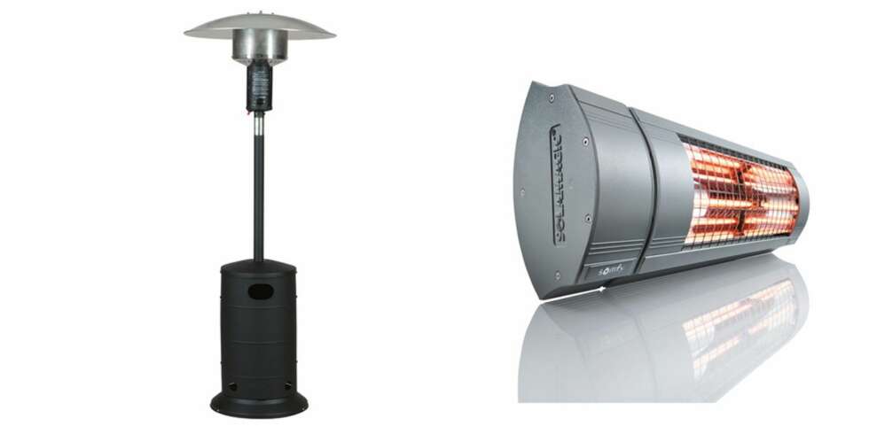 Til venstre: Terrassevarmer Rustfri Dual Burner. Gass. Frittstående. Regulator medfølger. Effekt: 11 kW. Høyde: 225 cm. Leverandør: Sunwind. Pris: kr 1990. Til høyre: Somfy terrassevarmer. Elektrisk med infrarød kortbølgevarme. Monteres på vegg. Effekt: 2000 Watt. Leverandør: Kjells Markiser. Pris: Kr 6005 Til venstre: Terrassevarmer Rustfri Dual Burner. Gass. Frittstående. Regulator medfølger. Effekt: 11 kW. Høyde: 225 cm. Leverandør: Sunwind. Pris: kr 1990. Til høyre: Somfy terrassevarmer. Elektrisk med infrarød kortbølgevarme. Monteres på vegg. Effekt: 2000 Watt. Leverandør: Kjells Markiser. Pris: Kr 6005