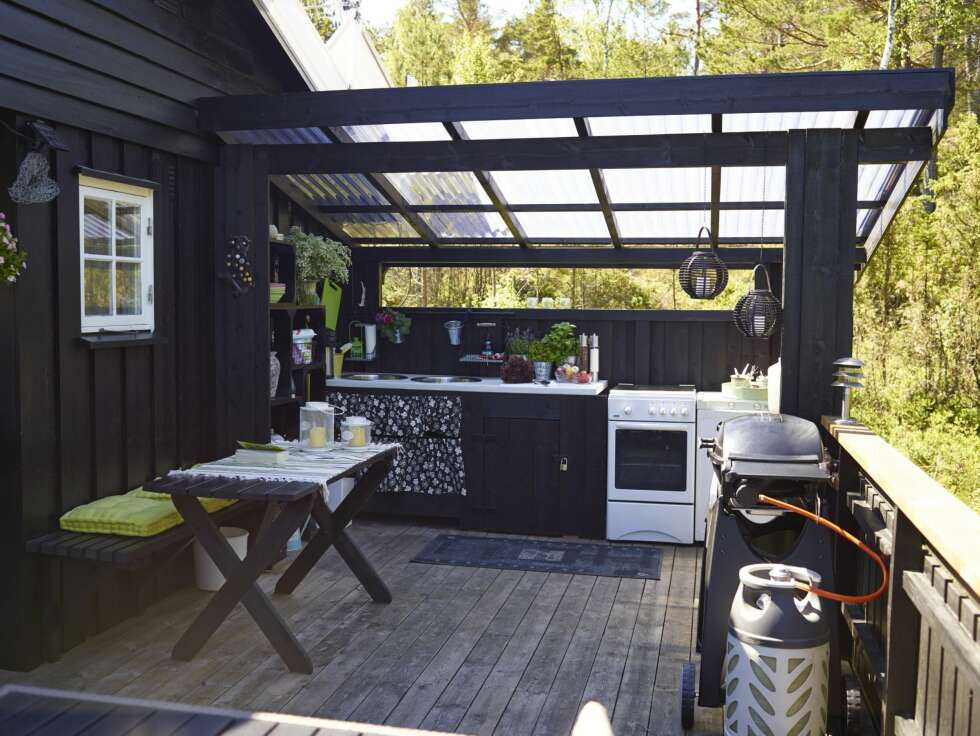 Praktisk løsning: Bente og Morten har valgt å lage utekjøkken i den ene enden av terrassen. Kjøkkenet er lite, men praktisk. Det har alle fasiliteter; kjøleskap, gassovn, oppvaskkum, lagringsplass og frittstående grill. Praktisk løsning: Bente og Morten har valgt å lage utekjøkken i den ene enden av terrassen. Kjøkkenet er lite, men praktisk. Det har alle fasiliteter; kjøleskap, gassovn, oppvaskkum, lagringsplass og frittstående grill.