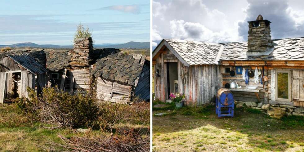 FØR OG ETTER: Den gamle stølen hadde nesten forfalt da Else Rønnevig oppdaget den. Men med god hjelp fra ulike bidragsytere har hun restaurert den og fått den tilbake i tipp topp stand. FØR OG ETTER: Den gamle stølen hadde nesten forfalt da Else Rønnevig oppdaget den. Men med god hjelp fra ulike bidragsytere har hun restaurert den og fått den tilbake i tipp topp stand.