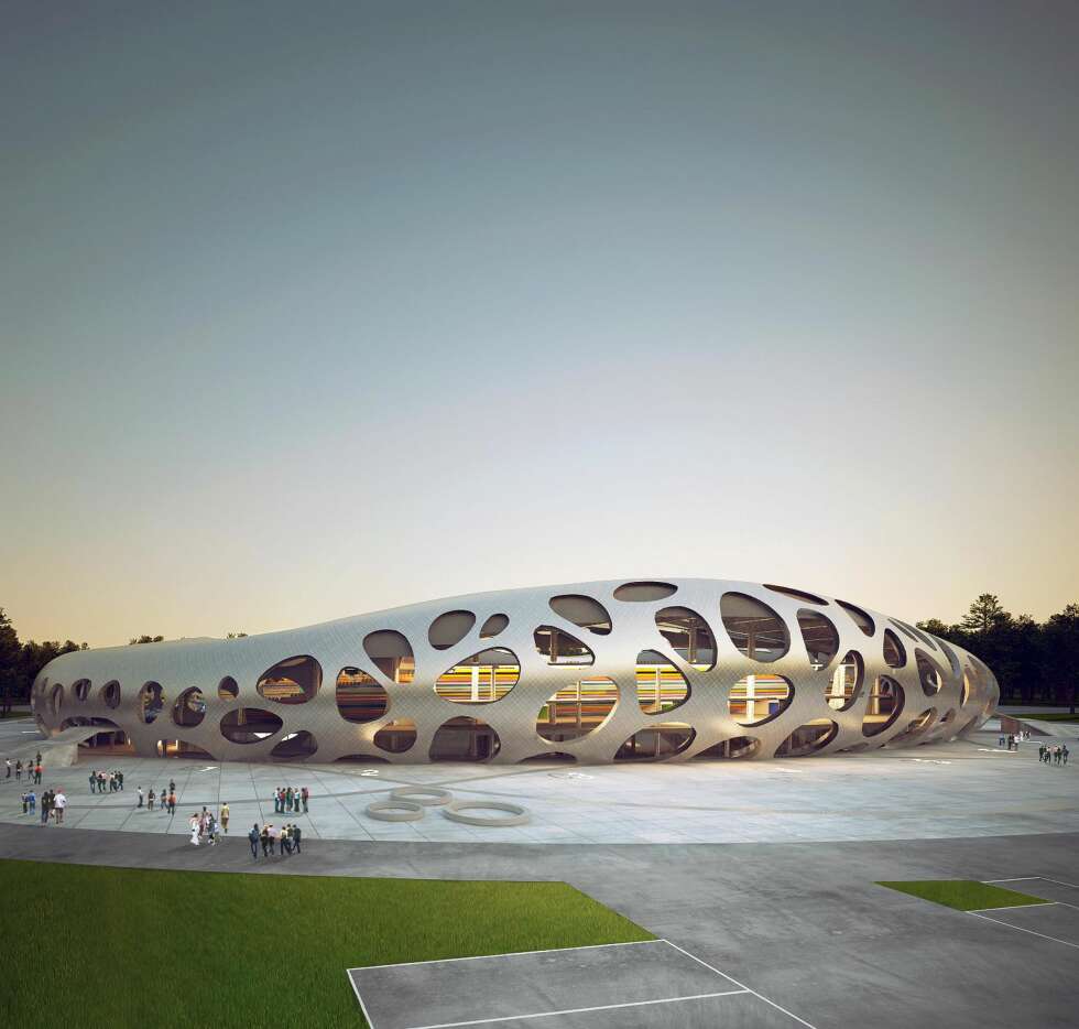 VIRKELIGHET ELLER ILLUSJON: Stadionets form gir assosiasjoner til helt andre ting enn at det spilles fotball der. (ILLUSTRASJON: OPIS Arhitekti) VIRKELIGHET ELLER ILLUSJON: Stadionets form gir assosiasjoner til helt andre ting enn at det spilles fotball der. (ILLUSTRASJON: OPIS Arhitekti)