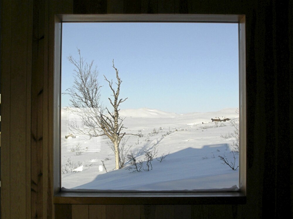 STERKT PANORAMA: Dette kvadratiske vinduet virker som et maleri med en svart ramme, og med de endeløse viddene på Ålsfjellet som motiv. STERKT PANORAMA: Dette kvadratiske vinduet virker som et maleri med en svart ramme, og med de endeløse viddene på Ålsfjellet som motiv.