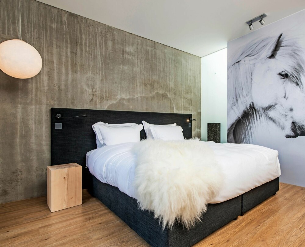 MATERIELL KONTRAST: Røff betong, organisk tre og store svart-hvitt bilder av islandsk natur og dyreliv går igjen i hotellets interiør. Også musikken som spilles på hotellet er islandsk. MATERIELL KONTRAST: Røff betong, organisk tre og store svart-hvitt bilder av islandsk natur og dyreliv går igjen i hotellets interiør. Også musikken som spilles på hotellet er islandsk.