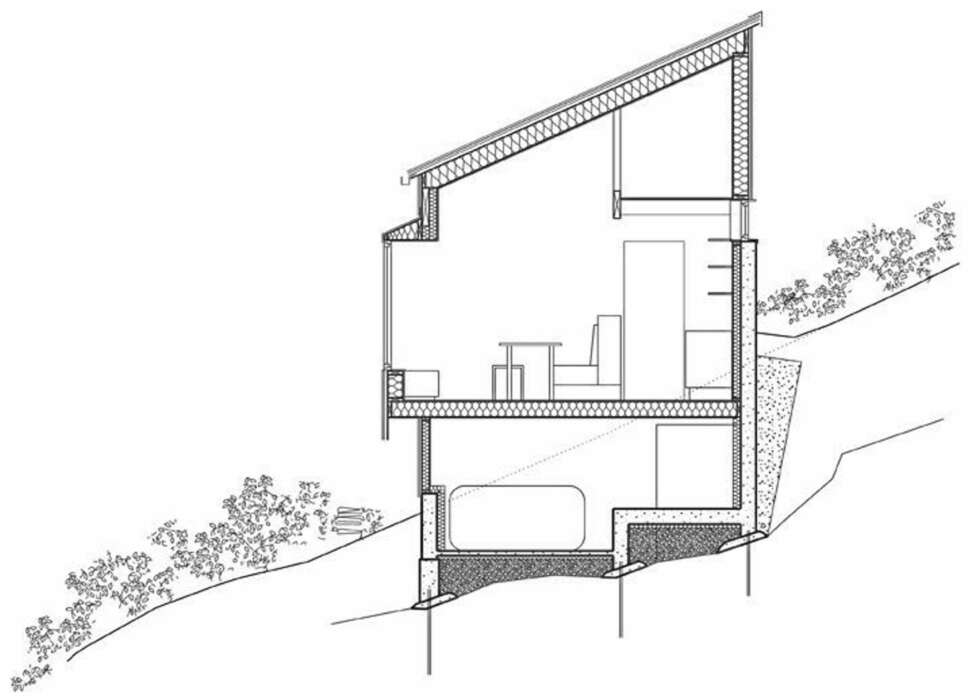 HYTTESNITT: Hytta sett fra siden, tegning ved sivilarkitekt MNAL Margrethe Rosenlund, partner hos MORFEUS arkitekter. HYTTESNITT: Hytta sett fra siden, tegning ved sivilarkitekt MNAL Margrethe Rosenlund, partner hos MORFEUS arkitekter.