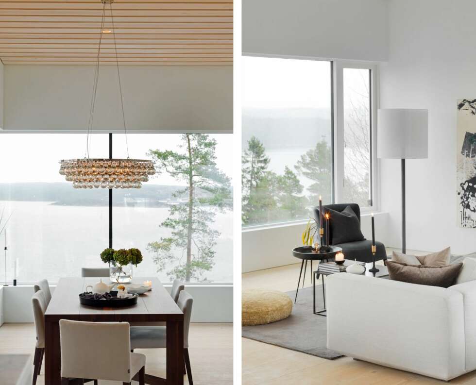 KASTER GLANS: Lampen fra Ochre lyser ned på bordet med brede planker i mørkt tre, fra Poliform, Expo Nova. Pendelen kan bestilles hos lyskonsept.no Store glassflater ned mot fjorden gir en fantastisk utsikt. LYS SIKT: Lampen er fra Santa Cole, firkantet salongbord fra Gran Domino, grått teppe fra Kymo og sofa kjøpt hos Expo Nova. Grå stol Maxalto fra B & B, Italia. Rundt bord fra Eske Interiør. KASTER GLANS: Lampen fra Ochre lyser ned på bordet med brede planker i mørkt tre, fra Poliform, Expo Nova. Pendelen kan bestilles hos lyskonsept.no Store glassflater ned mot fjorden gir en fantastisk utsikt. LYS SIKT: Lampen er fra Santa Cole, firkantet salongbord fra Gran Domino, grått teppe fra Kymo og sofa kjøpt hos Expo Nova. Grå stol Maxalto fra B & B, Italia. Rundt bord fra Eske Interiør.